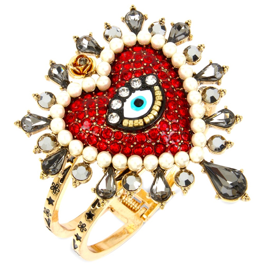 Betsey Johnson RARE ITEM! Red Crystal and Pearl Evil Eye Heart Bangle Bracel…